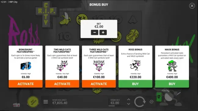 RIP City Slot FeatureSpins-Kaufmenü mit den verfügbaren Kaufoptionen