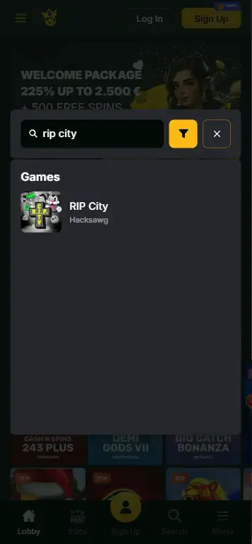 RIP City slot game tile in casino lobby Hacksaw Gaming section