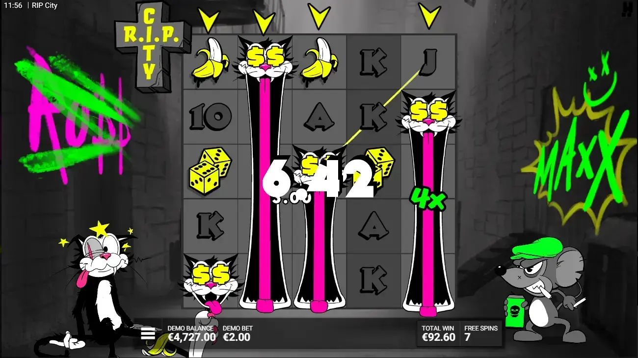 RIP City game Maxx Bonus showing unlocked reels with guaranteed Wild Cats